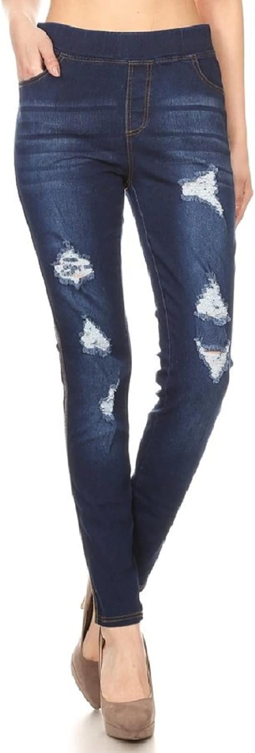 Women’s Stretch Denim Pull On Jeans with Pockets – Ripped Distressed Elastic Waist Jeggings Skinny Denim Pants