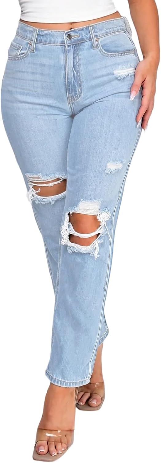 Jeans for Women High Waist Wide Leg Distressed Raw Hem Destroyed Straight Leg Stretchy Denim Pants