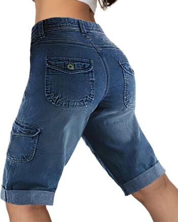 Women Bermuda Denim Straight Leg Shorts with Flap Pockets Mid Waist Casual Shorts Roll Hem