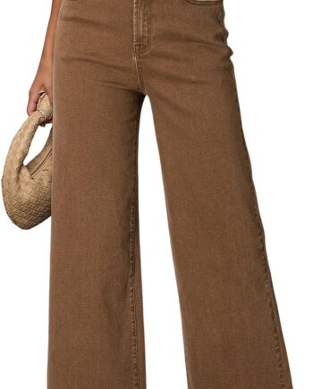 Women Casual High Waisted Jeans Stretch Button Wide Leg Loose Denim Pants with Pockets