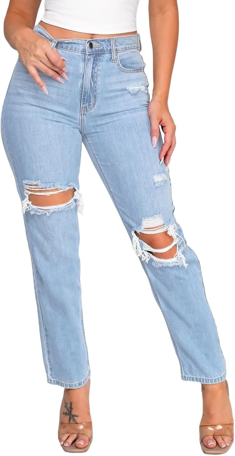 Jeans for Women High Waist Wide Leg Distressed Raw Hem Destroyed Straight Leg Stretchy Denim Pants