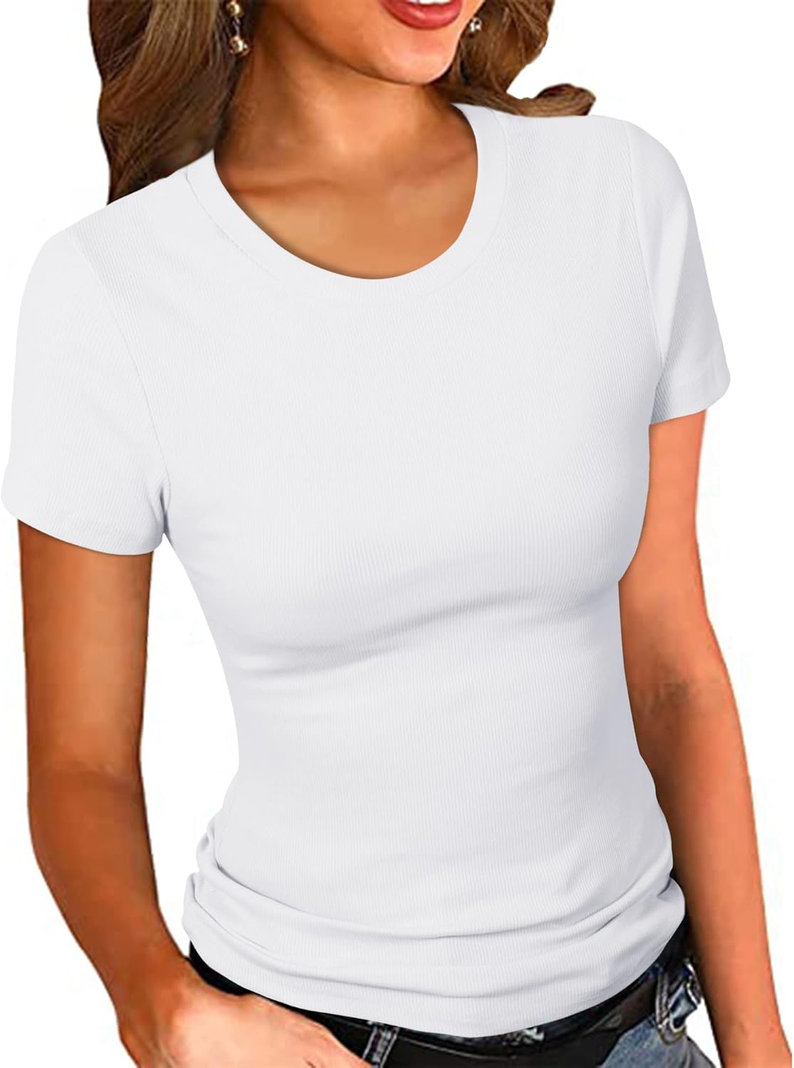Women Crew Neck Ribbed Fitted Shirt Basic Short Sleeves Summer T Shirt Tops