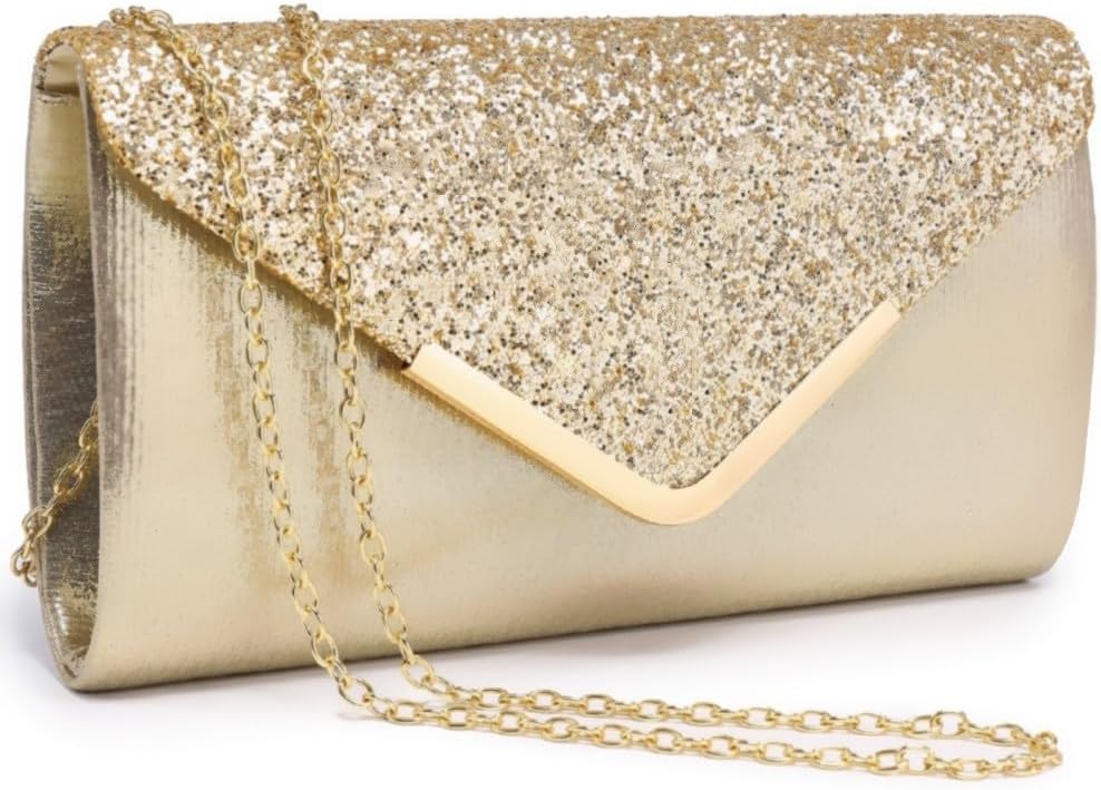 Women Evening Bags Formal Clutch Purses for Wedding Party Prom Handbags with Shoulder Strap and Glitter Flap