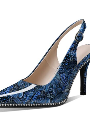 Women Beaded Pumps High Heel Slingback Pointed Toe Slip On 3.5 Inch Stilettos Ankle Strap Adjtable Buckle Patent Leather