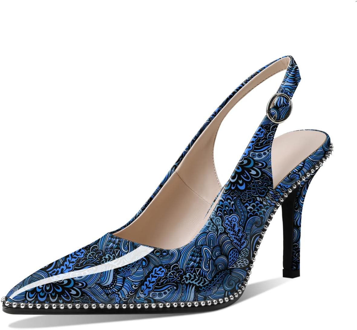 Women Beaded Pumps High Heel Slingback Pointed Toe Slip On 3.5 Inch Stilettos Ankle Strap Adjtable Buckle Patent Leather