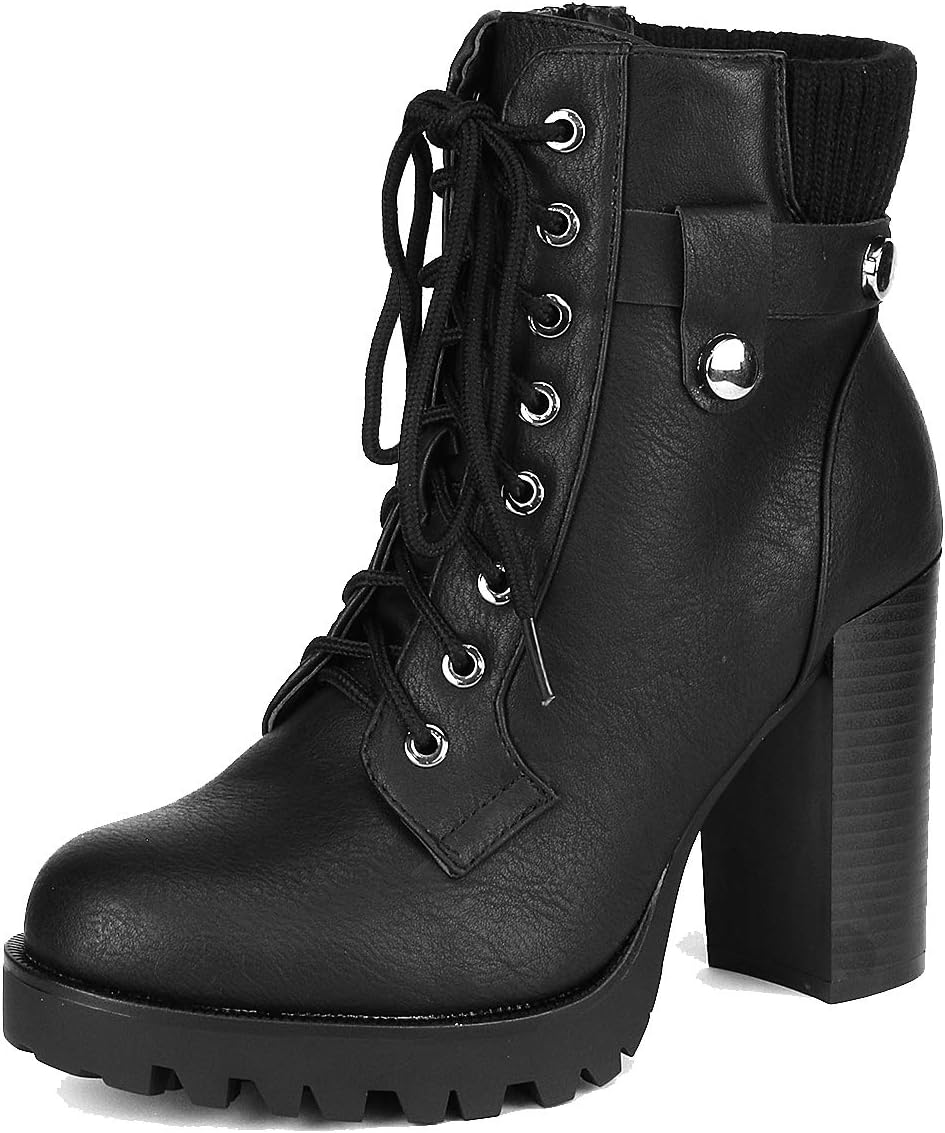 Women Lace up Combat Ankle Boots High Chunky Heel Fashion Heeled Booties Shoes