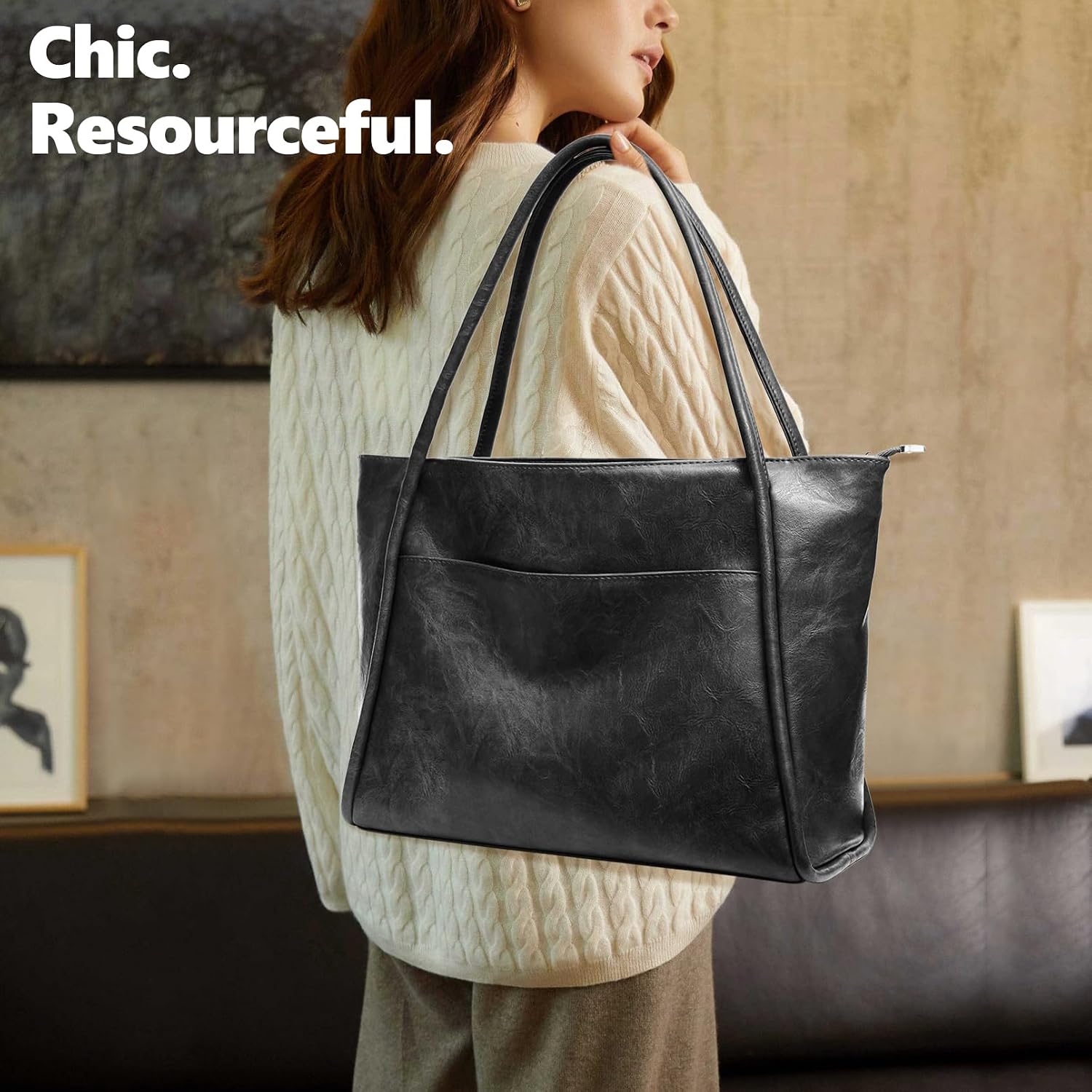 Large Tote Bag for Women Work with Zipper 16L Vegan Leather Ladies Travel Purses and Handbags