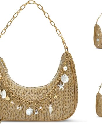 Beach Purse Straw Shoulder Bag for Women, Summer Purse with Shell Pearl Bag Charms & 2Pcs Detachable Strap Chain