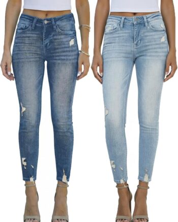 Women Mid Waisted Jeans Trendy Distressed Stretch Ripped Butt Lift Denim Pants (Pack of 2)
