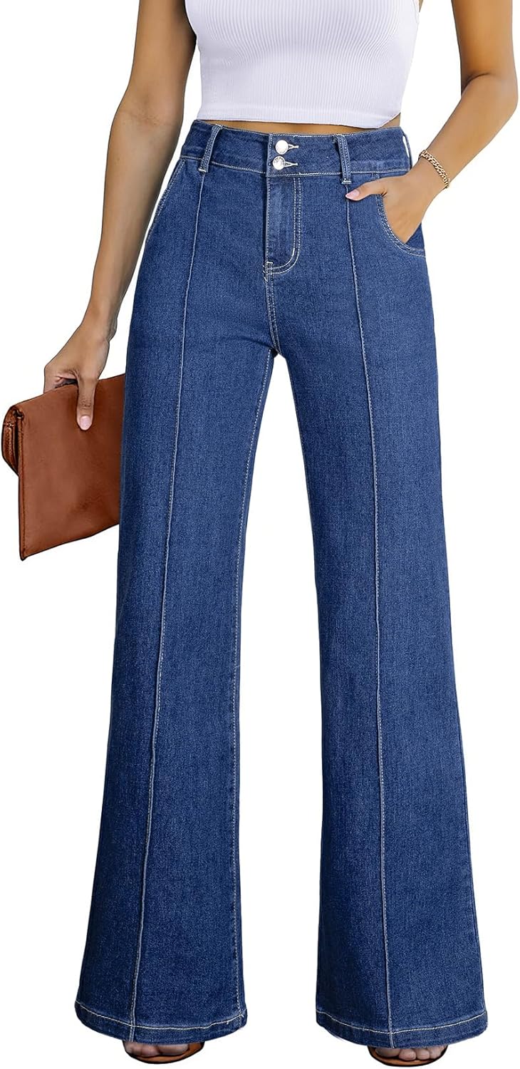 Women Wide Leg Jeans Casual Baggy High Waisted Stretch Denim Pants