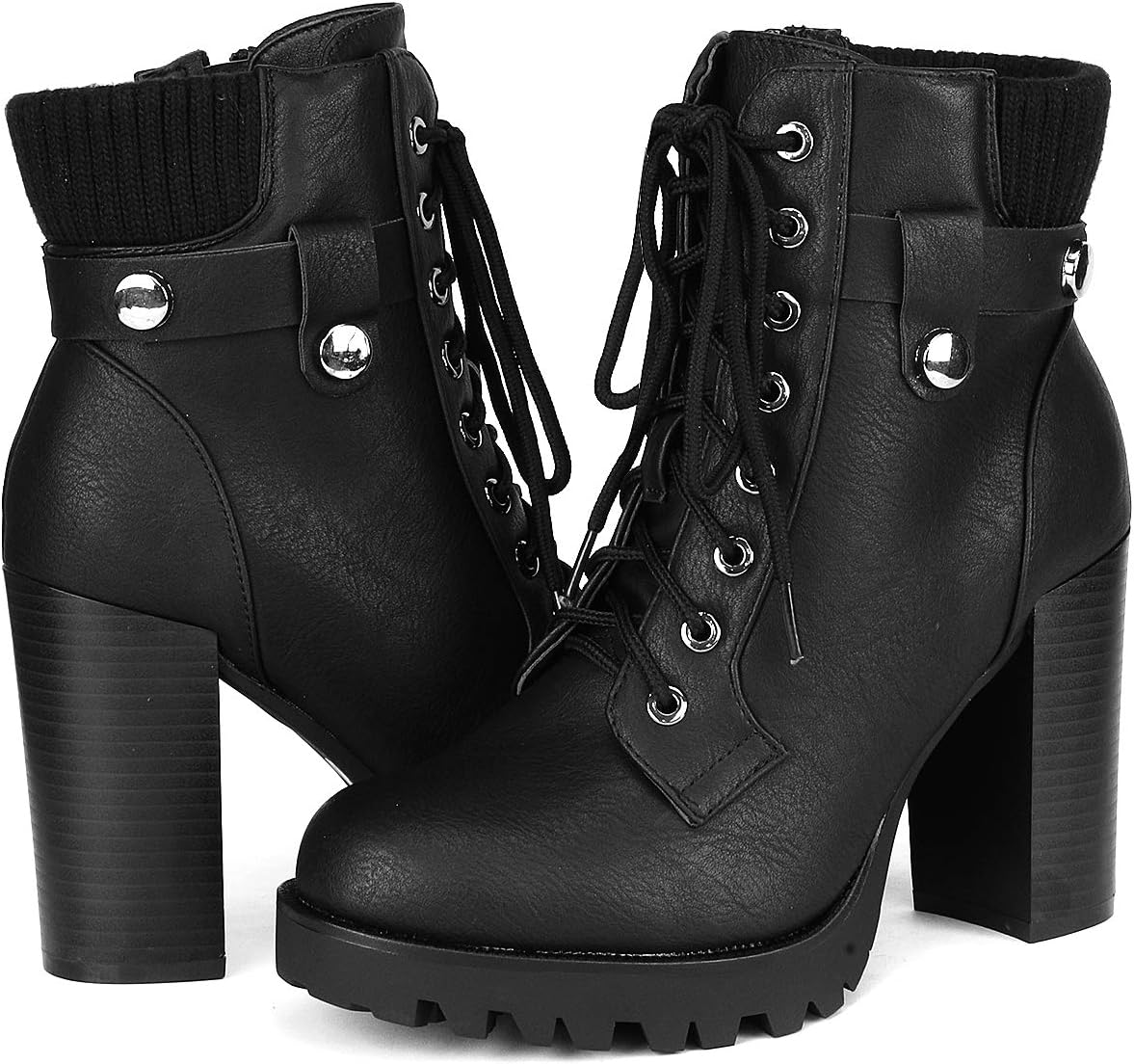 Women Lace up Combat Ankle Boots High Chunky Heel Fashion Heeled Booties Shoes