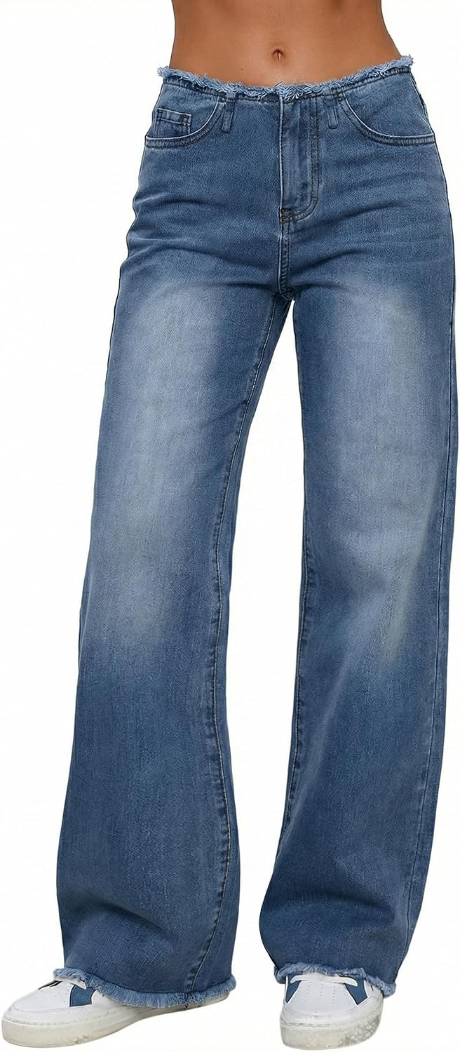 Women Wide Leg Jeans Tummy Control Waisted Straight Stretchy Denim Pants with Pockets