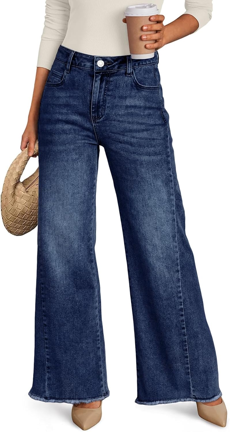 Trendy Queen Women Wide Leg Jeans, Relaxed Loose Straight Leg with Raw Hem, Comfort Denim Pants
