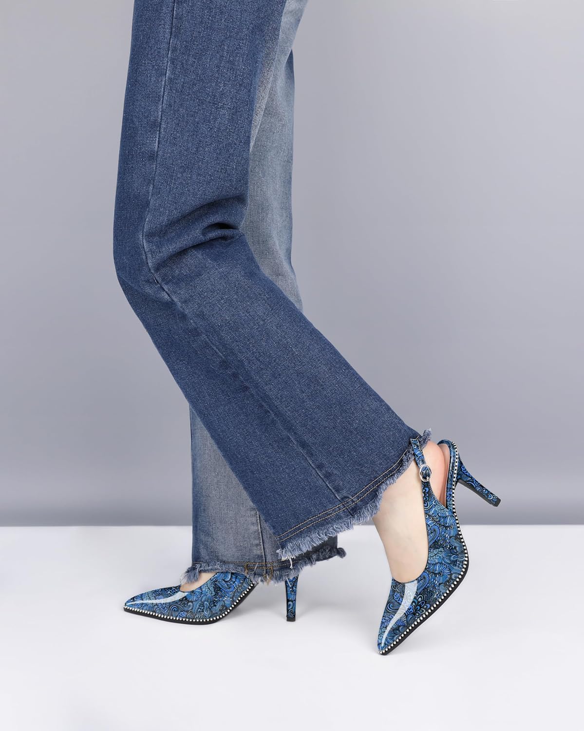 Women Beaded Pumps High Heel Slingback Pointed Toe Slip On 3.5 Inch Stilettos Ankle Strap Adjtable Buckle Patent Leather