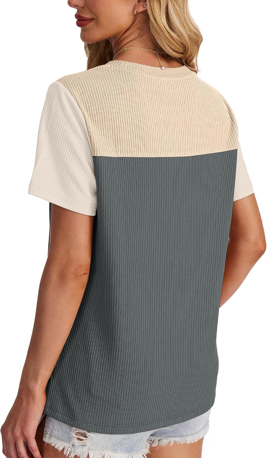 Women Fashion Color Block Shirts Short Sleeve Crewneck Knitted Spring Summer Tops Casual Trendy