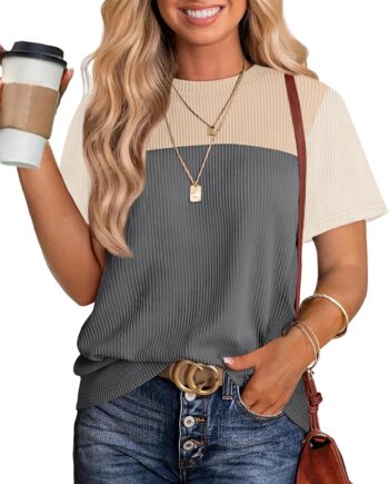 Women Fashion  Color Block Shirts Short Sleeve Crewneck Knitted Spring Summer Tops Casual Trendy