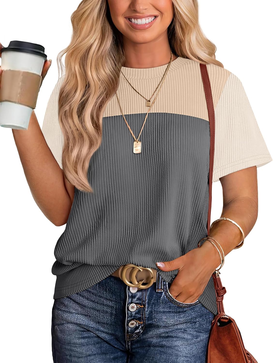 Women Fashion Color Block Shirts Short Sleeve Crewneck Knitted Spring Summer Tops Casual Trendy
