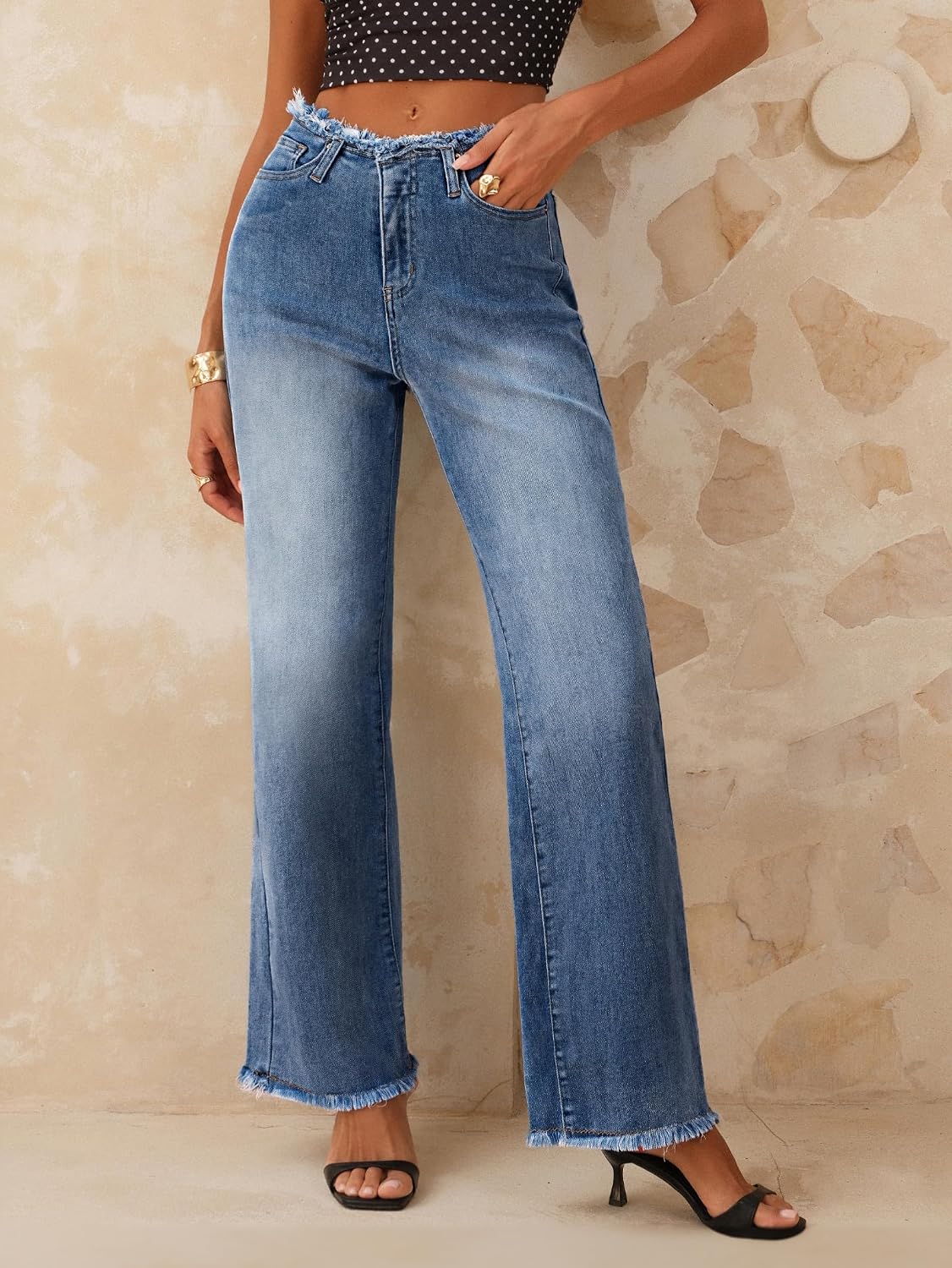 Women Wide Leg Jeans Tummy Control Waisted Straight Stretchy Denim Pants with Pockets