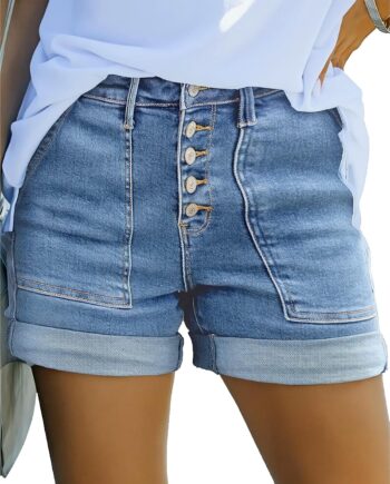 Women Jean Shorts High Waisted Stretchy Buttoned Folded Hem  Denim Shorts