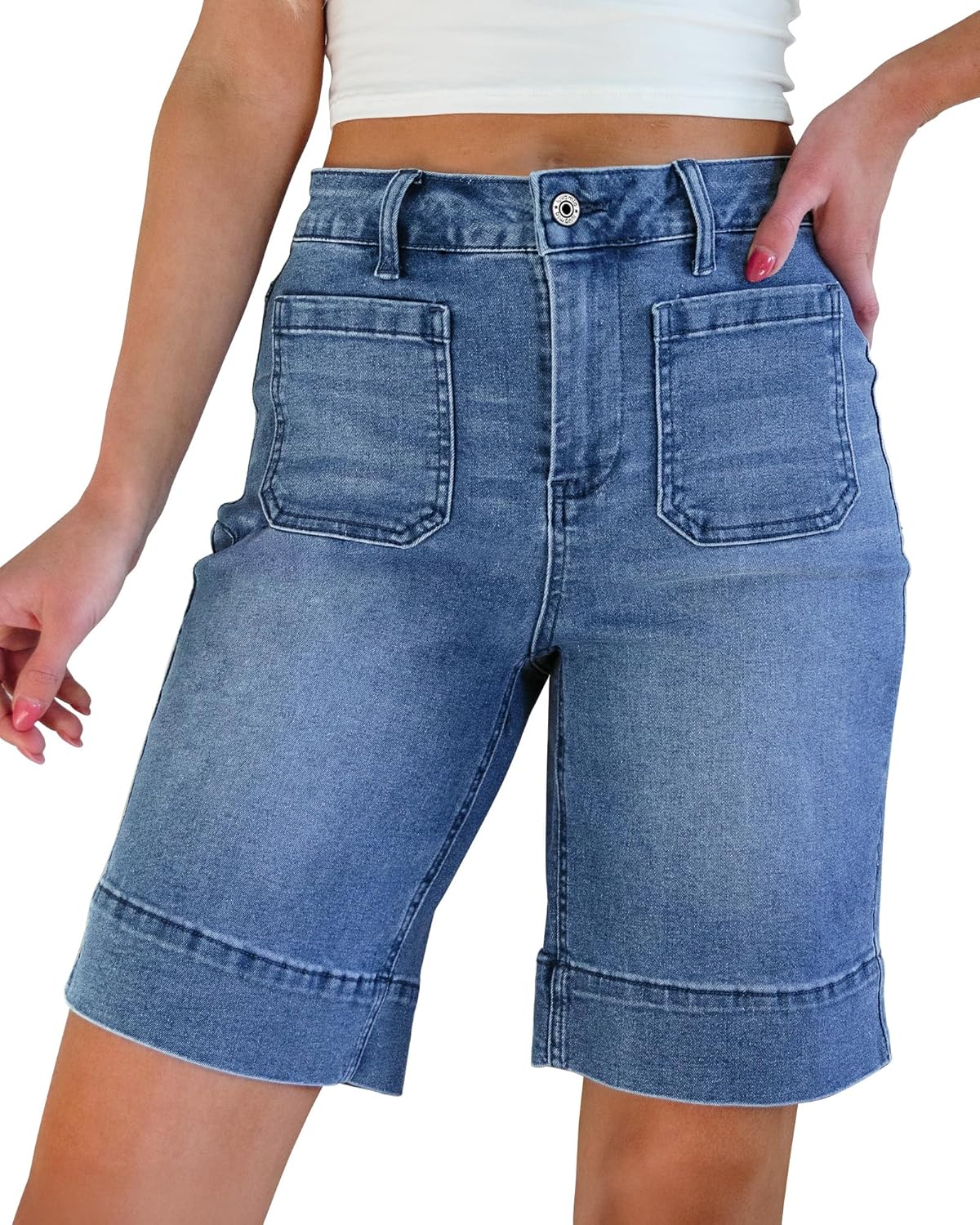 Bermuda Shorts for Women High Waisted Trendy Patch Pocket Casual Vintage Long Stretchy Denim Shorts Summer Jorts